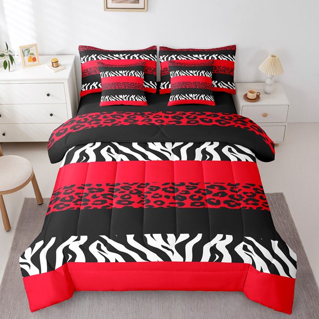 Erosebridal Ensemble de Literie Complet à Imprimé Guépard Format Simple, Ensemble de Lit Rouge, Décor Champêtre d'Animaux, Réversible 7 Pcs