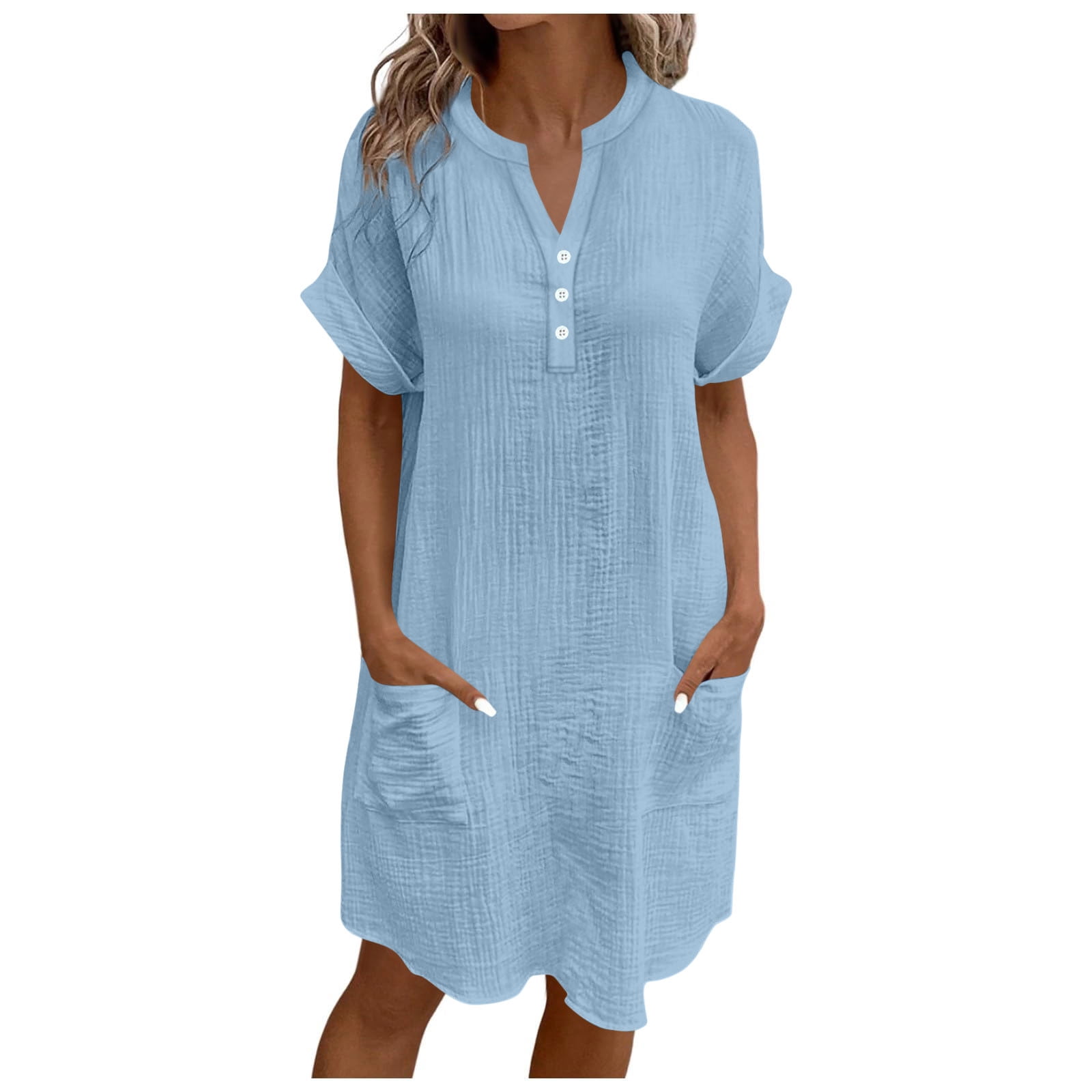 Robes Bleu Royal Clair pour Femmes à Col en V avec Boutons pour Femmes Manches Courtes Basique Midi Longueur Genou Automne Été Robes 2025 Vêtements Coupe Régulière S