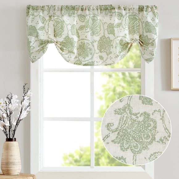 Curtainking Farmhouse Valance 18 inch Sage on Beige Rustic Floral Light Filtering Curtain Semi-Sheer Tie Up Valance for Kitchen Bathroom Rod Pocket 1 Panel