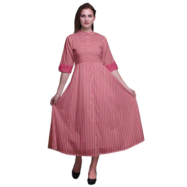 Bimba Robe à Rayures Boutonnée Col Mandarin Manches Retroussables Robe Chemise-TTG