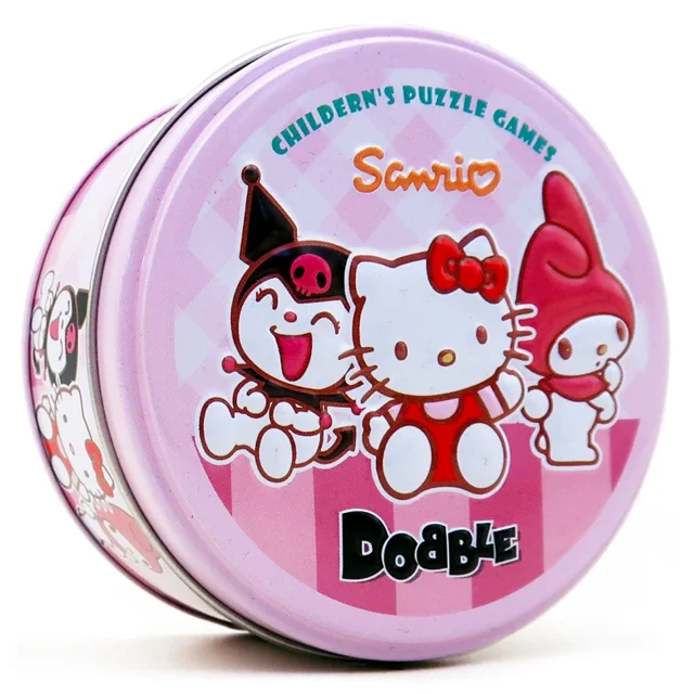Dobble Hello Kitty Card Game in a pink metal box featuring Hello Kitty and friends on the lid. This kids and family card matching game is designed for children aged 14+ and adults, certified with CE standards. Perfect for family game nights or as a birthday gift.