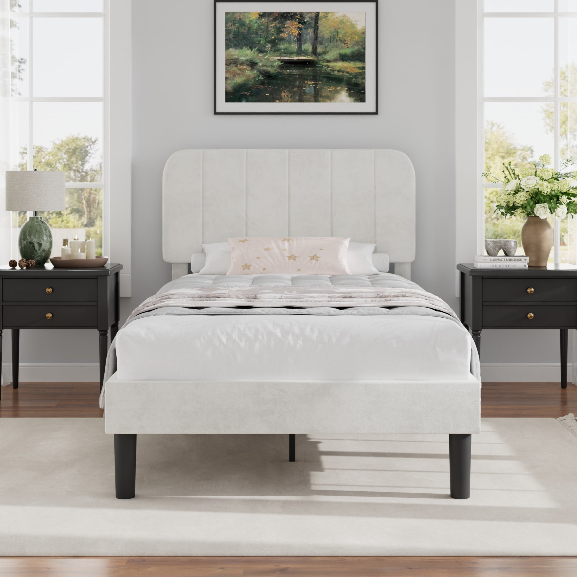 VECELO Twin Size Upholstered Beds, Modern Platform Bed Frame with Adjustable Headboard, Wooden Slats Support/No Box Spring Needed, White