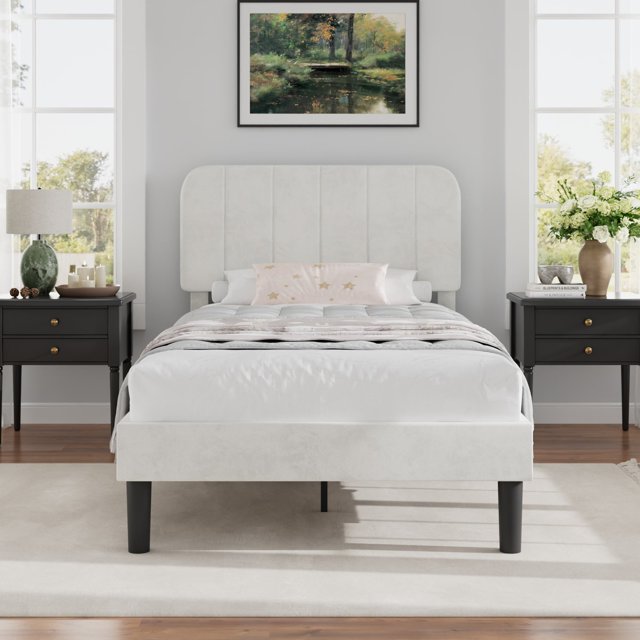 VECELO Lits Rembourrés Format Simple, Cadre de Lit Plateforme Moderne avec Tête de Lit Réglable, Lattes en Bois en Soutien/pas de Sommier Requis, Blanc