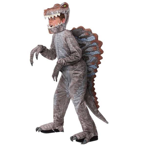 Costume pour Enfant Spinosaurus Combinaison à Capuche pour Enfants Spinosaurus en Velours 100 % polyester avec Fermeture Éclair avant, Justaucorps à Écailles Imprimé, Écusson Dos en Mousse du Cou à la Queue Rembourrée, Coiffe en Mousse avec Dents en Feutre et Yeux Jaunes, Mitaines à Griffes et Brides de Chaussures; Utilisé Souvent pour l'Halloween Ou les Jeux Scolaires.
