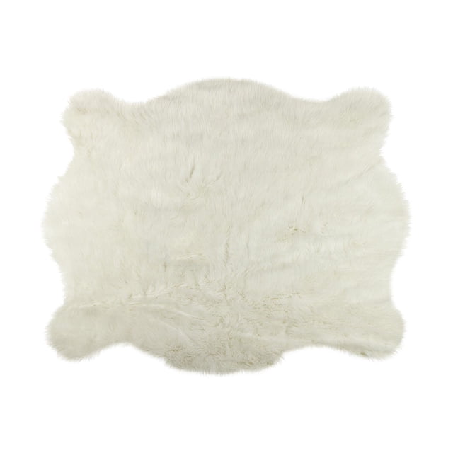 H-Luxe Faux Hide Animal Print Rug in soft white with plush low pile and irregular cowhide shape, machine tufted for durability, ideal as a cozy area rug or accent for beds and sofas, often used to add texture and warmth to indoor spaces.