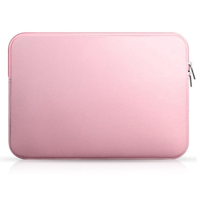 11-15.6 Inch Laptop Sleeve Case Soft Carrying Computer Bag Cover Compatible for MacBook Air Notebook Tablet. The sleeve is made of polyester and neoprene, offering protection against shock, scratches, and damage. It features a sleek pink design with a zippered closure, suitable for laptops and tablets sized 11 to 15.6 inches.
