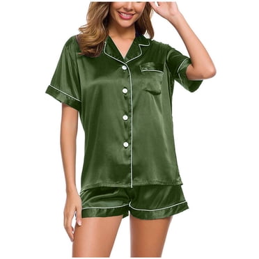 Penkiiy Pyjama en Satin de Soie pour Femme, Tenue de Détente, Ensemble de Sommeil Deux Pièces, Pyjama Boutonné, L Vert Armée