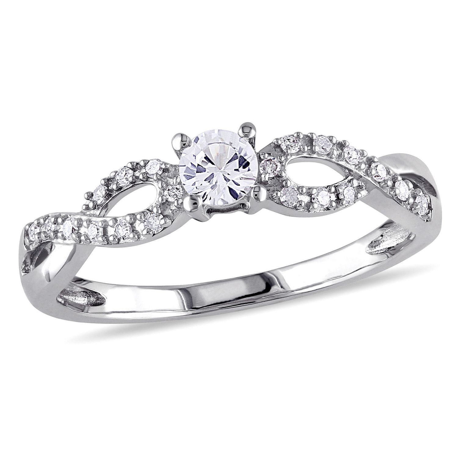Bague de promesse Miabella avec saphirs blancs synthétiques 0,25 CT PBT et accents de diamants en or blanc 10K