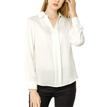 INSPIRE CHIC Women's Elegant Shirts V Neck Point Collar Long Sleeve Smooth Satin Blouse S White