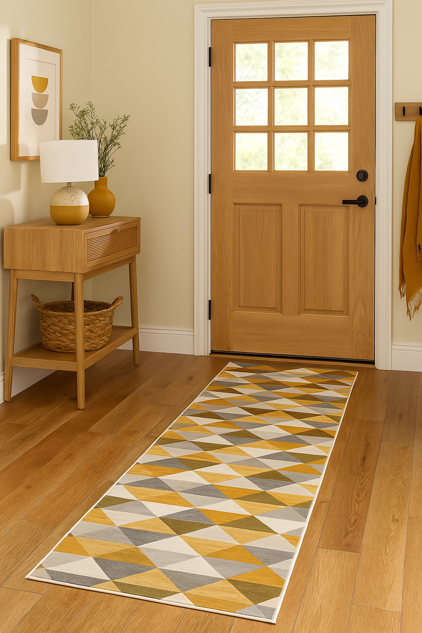 Tapis Branch Savannah 2' x 9' (Taille exacte : 2'3" 9') de couloir moderne du milieu siècle, jaune beige, géométrique pour entrée, couloir, salle bain et cuisine