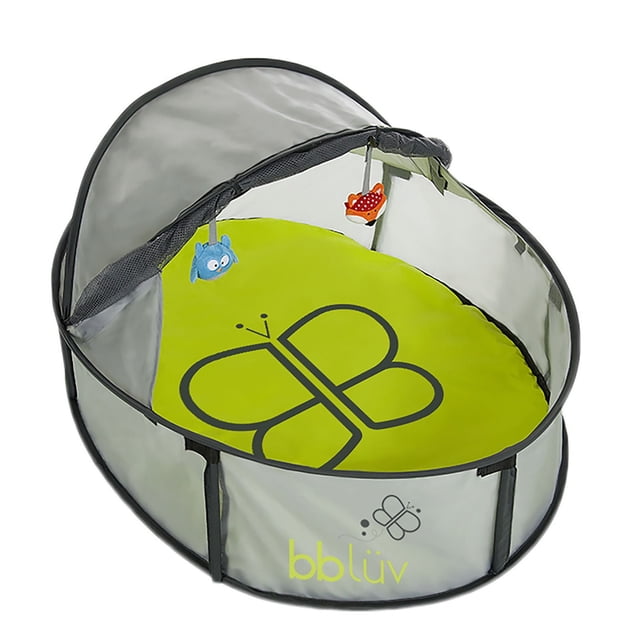 bblüv - Nidö Mini - 2-in-1 Travel & Play Tent in grey with lime green padded mat featuring a black butterfly logo, mesh sides, pop-up canopy, and two hanging plush toys, providing SPF 50+ UV protection and easy fold for travel and baby comfort.