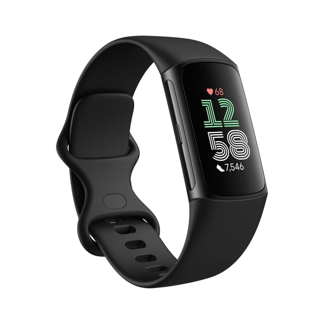 Charge 6 Fitness Tracker with Google apps, featuring a sleek black design and vibrant colour touchscreen. Includes heart rate monitoring on exercise equipment via Bluetooth, built-in GPS, 40+ exercise modes, and health tools like ECG, SpO2 monitoring, and stress management. Compatible with iOS 15+ and Android OS 9.0+. Comes with small and large wrist straps (140 mm–220 mm) and a charger.