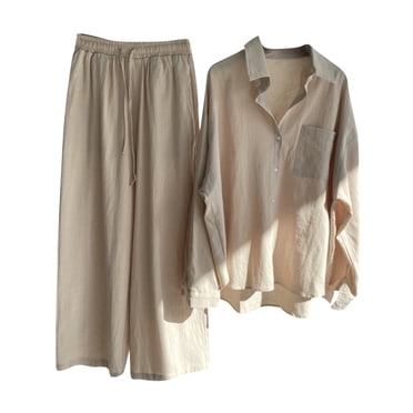 Yuyuzo Womens Plus Size Cotton Linen 2 Piece Outfits Long Sleeve Button down Shirts Tops Casual Long Pants Lounge Sets