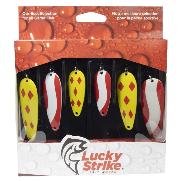 Lucky Strike Baitworks Ensemble d'Appâts Diaboliques pour Achigan et Truite, Lot de 6 avec Cuillères de Pêche en Acier de Calibre Moyen Plaquées en nickel et Or, Format de 2 à 3 Pouces, avec des Motifs Rouges, Blancs et Jaunes en Losanges Rouges, Conçu pour une action Étroite de Vacillement et des Profondeurs de Course de 2 à 20 Pieds, Présenté dans un Emballage de Vente au Détail de Marque.