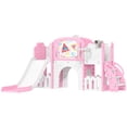 thumbnail image 1 of Qaba Toddler Slide, 7 in 1 Kids Slide with Climber, Basketball Hoop, Pink, 1 of 10