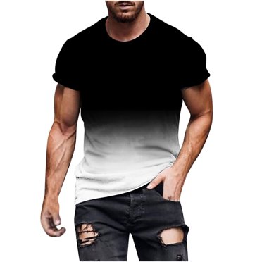 Penkiiy T-Shirt Ajusté pour Homme, Col Rond Décontracté, T-Shirt Ombré, Été, Manches Courtes, Hauts Dégradés, Stylé, Entraînement, Musculation, Chandails de Base, 5TG, Noir