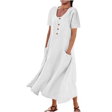 QIPOPIQ Robes pour Femmes avec Poches Manches Courtes Couleur Unie Robes Décontractées Robe d'Été Sans Manches Col Rond Robe Plage Robes Décontractées Maxi Robe d'Été Offres 2023