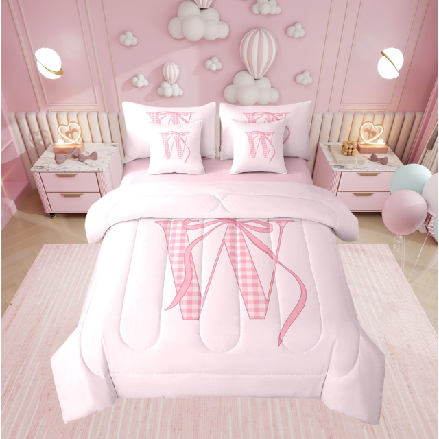 Erosebridal Plaid Initial W Bedding Sets Twin Size, Kawaii Ribbon Comforter Sets with Sheets, Cartoon Bow Decor, Reversible 7 Pieces