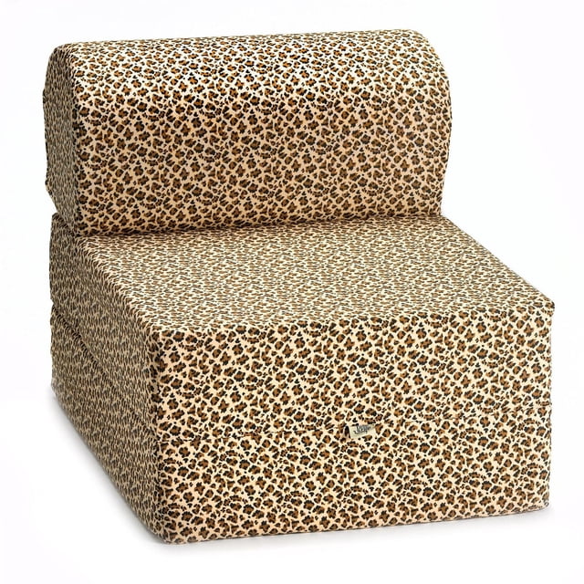 ComfyKids® 2-in-1 Flip Chair in leopard print polyester fabric, shown in a front 3/4 view upright as a chair. This kids' flip chair converts easily into a 67-inch long bed, ideal for small rooms and sleepovers. It measures 22 inches wide, 22 inches high, and 19 inches deep, lightweight and durable for growing children.