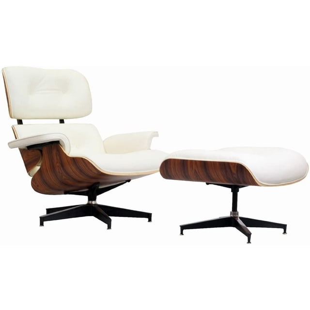 Nicer Furniture Modern Classic Leather Lounger with Ottoman upholstered in white top grain Italian leather with padded back, seat, and arms, supported by a curved walnut plywood frame and black metal swivel bases, suitable for living room seating and often used as a stylish reading nook.
