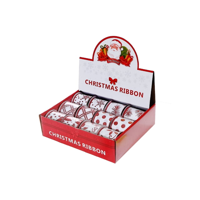 Ensemble Assorti Rouge et Blanc Ribbon (2,5 Pouces X 3 Y) (12/Pdq) Comprenant 12 Rouleaux de Rubans en polyester avec des Motifs Festifs Rouges et Blancs, Y Compris des Flocons de Neige, des Pois et des Tourbillons, Présenté dans une Boîte Rouge Étiquetée Noël Ribbon, Convient à l'Emballage de Cadeaux des Fêtes, à la Fabrication de Couronnes et aux Bricolages Saisonniers.
