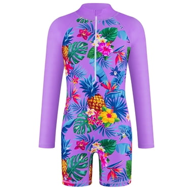 PMVFHDE Girl's One Piece Bathing Suit Toddler Swim Suit Girls' Fashion Leaf Printed Long Sleeve Swimming Sunscreen Quick Drying Swimsuit Purple,8-9Y