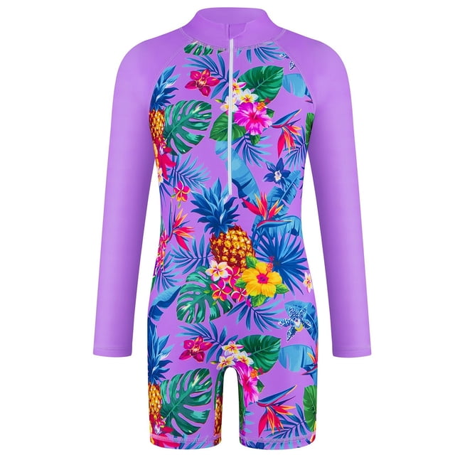 Kid Girls Swimwear Rash Guard Ruffle Floral Pattern Sun Protection Long Sleeve Kids Bathing Suits 4-5Y
