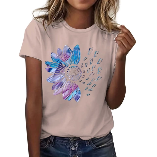 WEIYLL T-Shirts pour Femmes Imprimé Lettre Manches Courtes Col Rond Rose Clair Tailles G