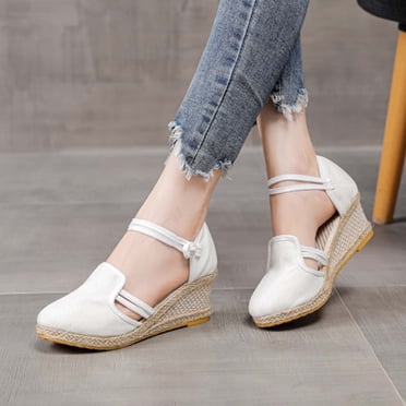 RKSTN Sandals for Women Closed Toe Wedges Shoes Platform Slingback Mid Low Heel Canvas Dress Sandals Soft Comfortable Sandals