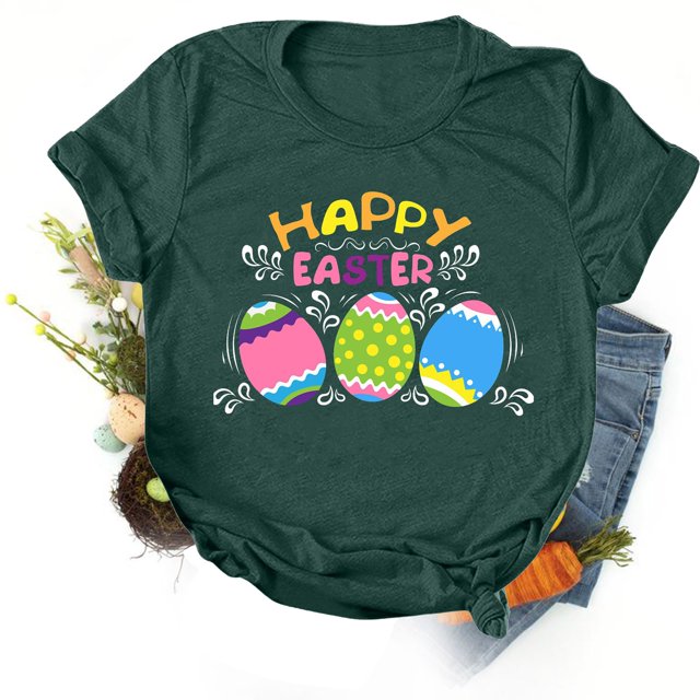 Daisyyozoid Chandail en Molleton Drôle de Pâques pour Femmes Décontracté Ample Col Rond Manches Courtes Imprimé Lettre Blouse T-shirt