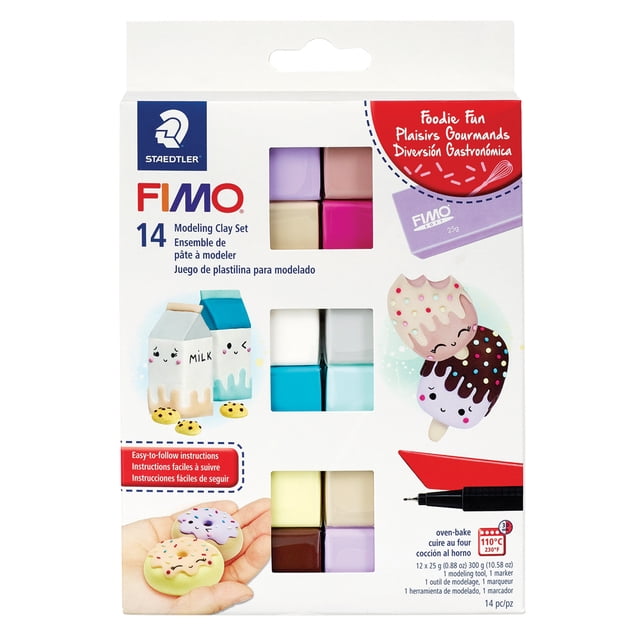 Staedtler FIMO® Foodie Fun Modeling Clay Set, 14pcs, featuring 12 colorful 25g blocks of soft oven-bake clay in pastel and bright shades, a 2-in-1 modeling tool, and black marker, shown in a white box with food-themed clay designs like milk cartons, donuts, and ice cream pops, suitable for arts and crafts dough projects.