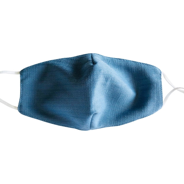 Triple Layer Cotton Face Mask in a soft blue color, designed with a triple-layer structure, filter pocket, and adjustable ear straps for a secure fit. Made with a cotton blend outer layer and 100% cotton inner layer, this reusable adult mask fits average adult face sizes, measuring 9 inches wide by 5.1 inches high. Crafted without a nose wire, it is easy to hand or machine wash. Shipped in eco-friendly packaging without plastic. Non-medical mask, imported.