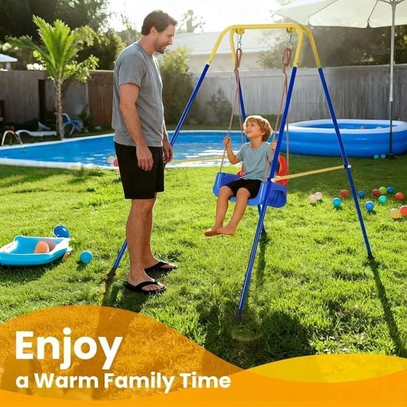 3 in 1 Kids Swing Set with Heavy Duty Collapsible Metal Stand, Adjustable Safety Harness & Removable Guardrails, Easy Assembly with 4 Tent Pegs, Yellow with Blue, For Ages 6 Months to 10 Years