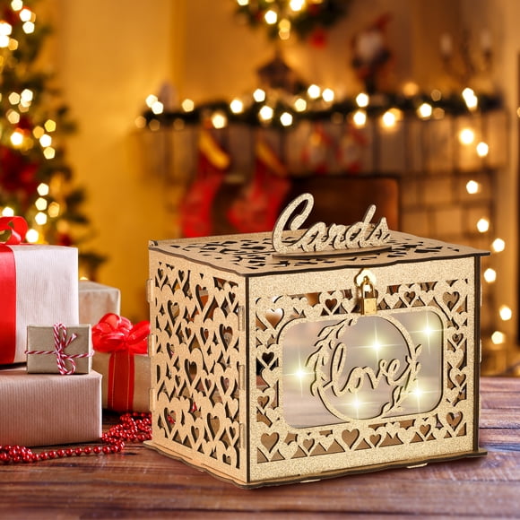 Unique Bargains Wedding Card Box with Lock, Wooden Gift Card Box with Card Sign for Birthday Weddings Reception, Gold