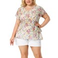 thumbnail image 1 of GRACE & GRANDEUR Hauts d'Été pour Femmes 2024 Grande Taille Col en V Manches Courtes Superposé Blouse Décontractée à Fleurs 1X Blanc, 1 of 7