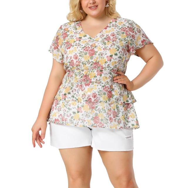 GRACE & GRANDEUR Hauts d'Été pour Femmes 2024 Grande Taille Col en V Manches Courtes Superposé Blouse Décontractée à Fleurs 1X Blanc