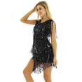 thumbnail image 2 of iEFiEL Robe Mini à Sequins Brillants à Franges en Faux Cuir Col en V Sans Manches Tenue de Danse Samba Noire TG, 2 of 6