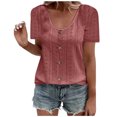 thumbnail image 1 of Plebaso Hauts d'Été pour Femmes Col Rond Manches Courtes T-Shirts Ajourés Décontractés Chemisiers à Boutons P-5TG, 1 of 5
