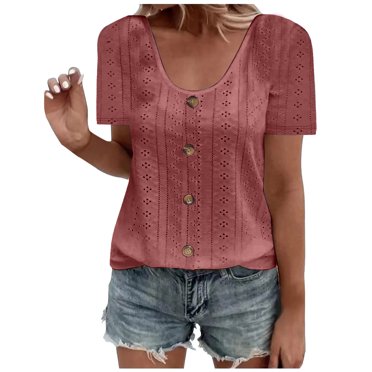Meichang Plus Size Short Sleeve Tshirts for Women 2025 Summer Tops Vintage Eyelet Short Sleeve Tops Loose Casual Basic Tees Comfy Crew Neck T Shirts