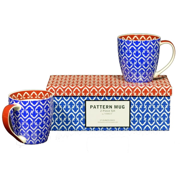 Ensemble de 2 Tasses à Motifs par Tannex avec Motifs Géométriques Bleu et Blanc avec Intérieurs Rouges et Poignées, Chaque 17 Onces, Exposées avec une Boîte-Cadeau Assortie à Motifs Bleu et Rouge, Tasses à Café Allant au Lave-Vaisselle et au Micro-Ondes, Convenant aux Repas et aux Réceptions.
