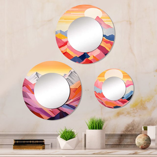 Designart "Rêve de Lever de Soleil parmi les Montagnes" Ensemble de Miroirs Ronds de Montagnes - Ensemble de Décor Mural de Miroirs Ronds Multicolores Traditionnels pour Chambre