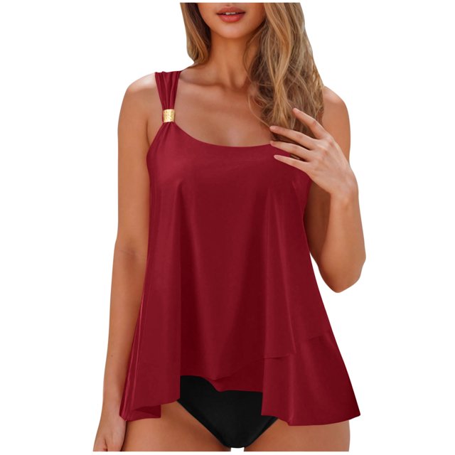 Flowy Ruffle Tankini Swimsuits for Women Beach Summer 2 Piece High Waist Bathing Suits Pool Modest Swimwear Wine, XL