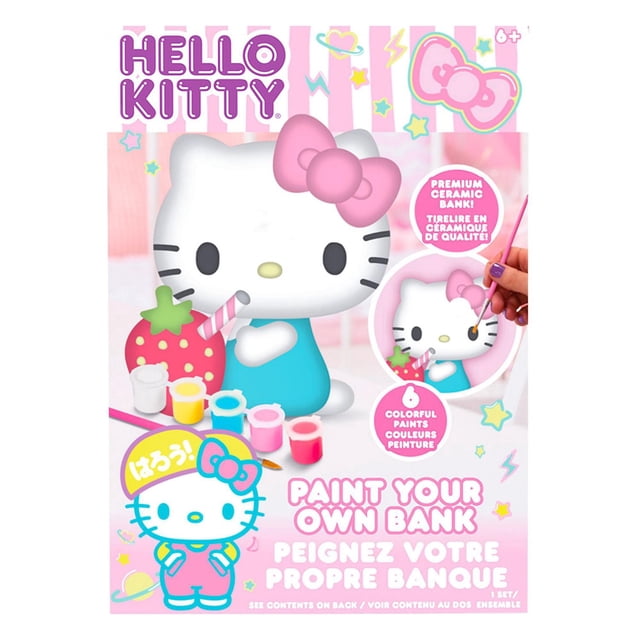 Hello Kitty Peins Ta Propre Tirelire, une Figurine en Céramique de 5 X 3,51 X 5,6 Po avec un Nœud Rose et un Sauteur Bleu, Comprend six Peintures Acryliques Vibrantes et un Pinceau pour Enfants de 6 Ans et Plus pour Personnaliser Leur Tirelire, Idéale pour le Jeu Créatif et l'Enseignement des Habitudes d'Épargne.