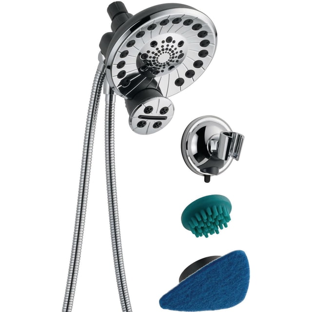 Peerless Sidekick Multifunction Shower System in Chrome with dual shower heads offering multiple spray patterns, flexible 84-inch metal hose, chrome suction-cup wall mount, teal pet scrubber, and blue cleaning pad attachment for versatile shower and cleaning use.