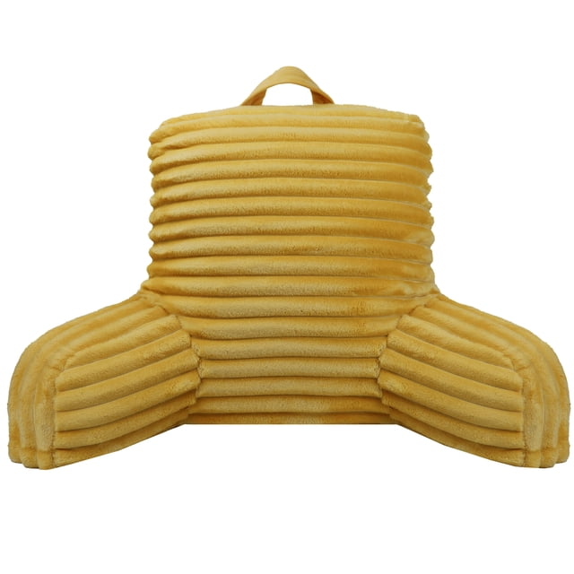 Hometrends Yellow Fur Bedrest with ribbed solid yellow faux fur cover, supportive back and arm cushions for ergonomic comfort, designed for sitting up in bed or on the floor, featuring a top handle for easy portability.