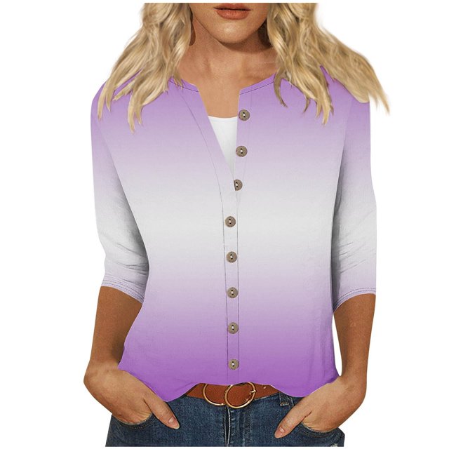 cfhntfmh 3/4 Length Sleeve Womens Tops Fashion V Neck Loose Printed Cardigans Lounge Buttons down Blouses