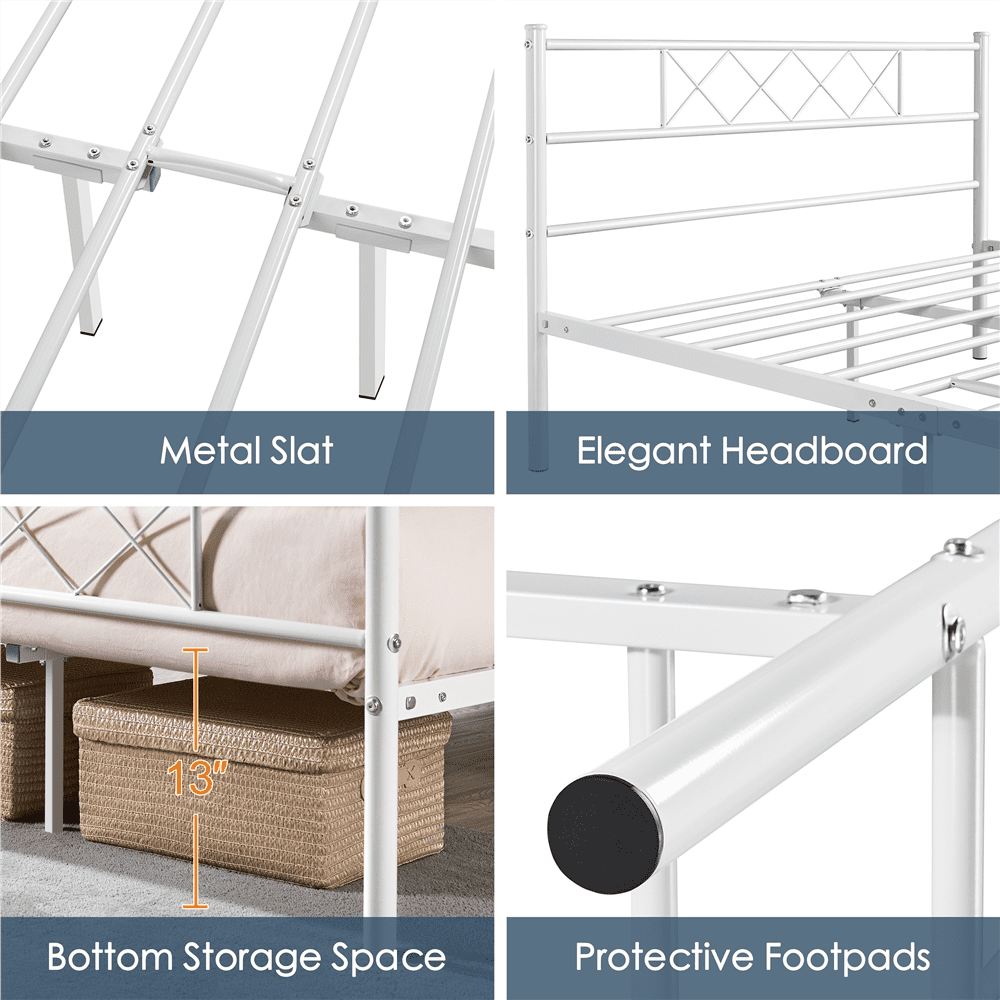 FullFurnique Cadre de Lit Plateforme en Métal Simple avec Tête et Pied de Lit, Double, Blanc