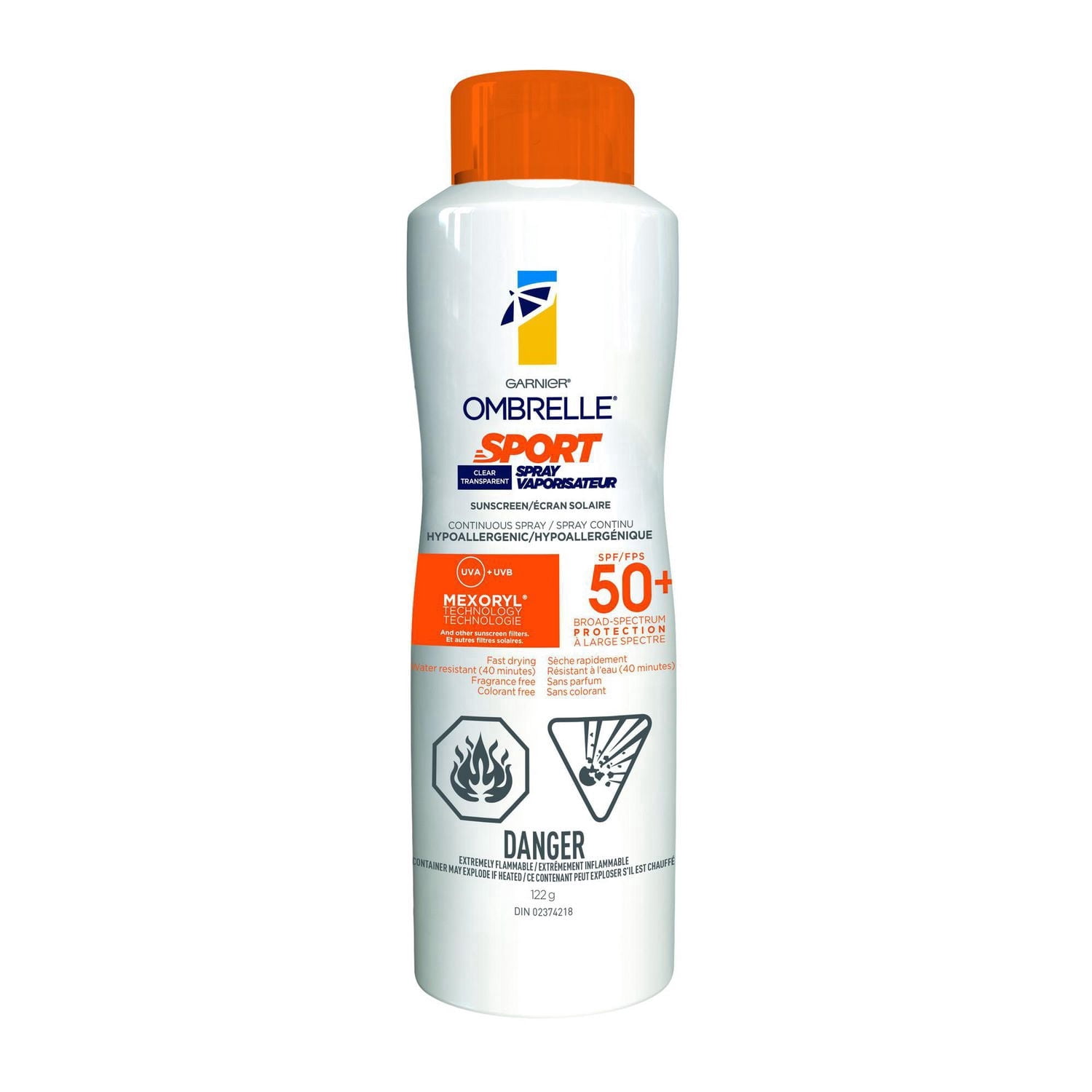 Garnier Ombrelle Spray solaire Sport, FPS 50+, résistant à l'eau et à la transpiration, large spectre de protection UVA/UVB, formule non grasse, séchage rapide, pour une utilisation active, 122 g