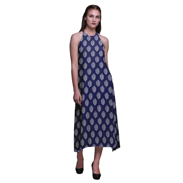 Bimba Robe de Plage d'Été pour Femmes à Imprimé Bloc, Dos Nu, Col Licou – Grande