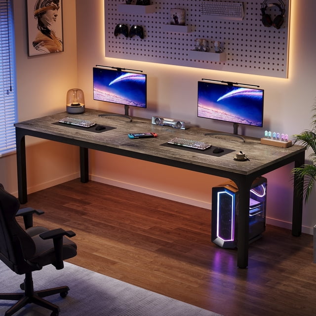Fnova 78.7" Modern Computer Desk with Wood Desktop, Metal Frame Office Desk, Gray